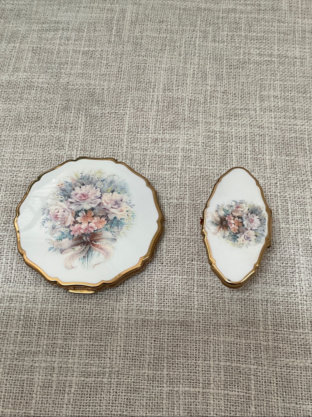 Vintage Floral Porcelain Compact and Lipstick Holder Set in White and Gold